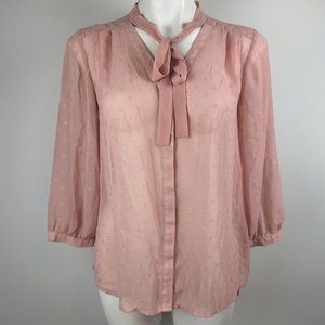 Elle Secretary Bow Bowtie Blouse Pink Sheer Size Medium